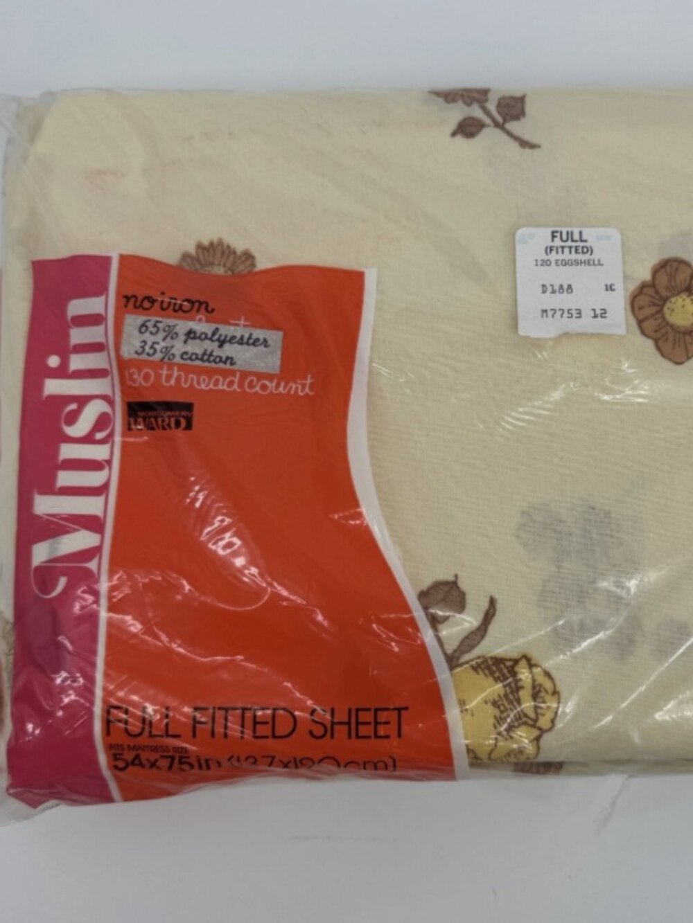 Vintage Montgomery Ward Muslin Eggshell Floral Full Fitted Sheet- NOS 54x75